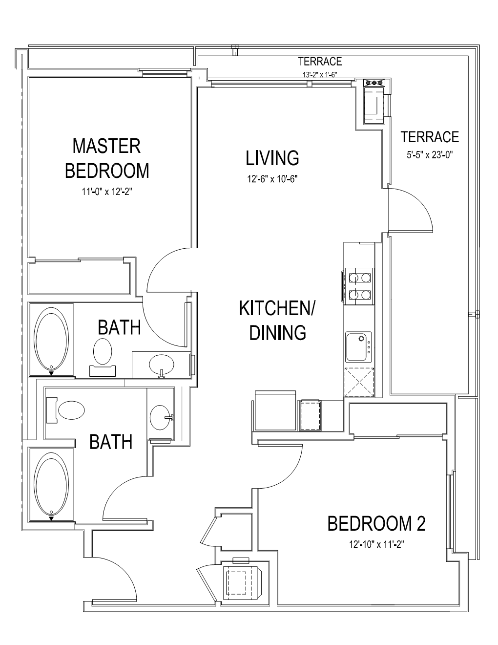 Floor plan for 2 beds, 2 baths, 937 sqft